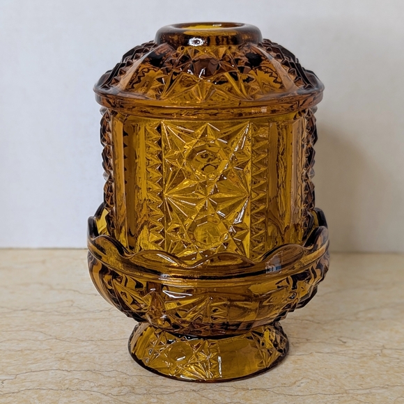 Vintage Indiana Glass Stars & Bars Amber Fairy Lamp Candle Holder - Picture 5 of 12